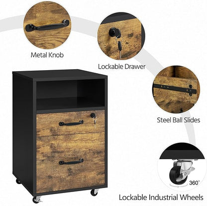 Yaheetech File Cabinet, Under Desk Vertical Cabinet With 2 Drawers and Open Compartment, Printer Stand with Lockable Wheels for A4 Letter Size Hangable File Folders for Home Office(Black/Rustic Brown) - LeafyLoom