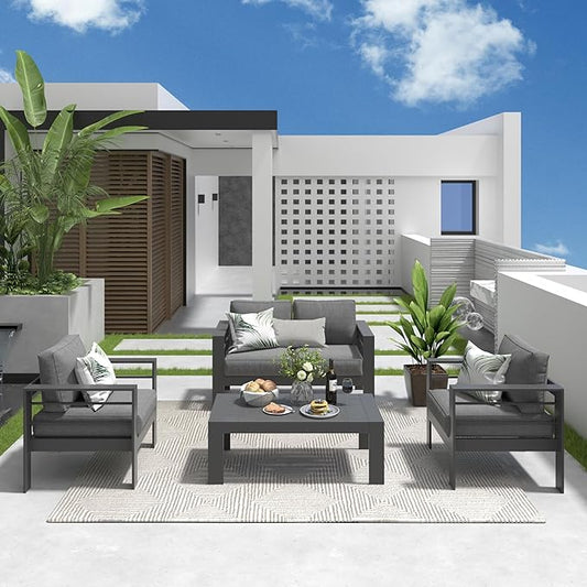 Solaste Outdoor Aluminum Furniture Set - 4 Pieces Patio Sectional Chat Sofa Conversation Set with Table,Grey - LeafyLoom