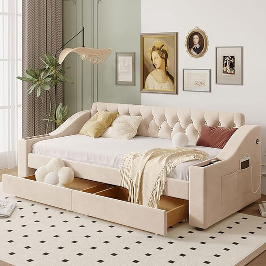 Twin Size Daybed with Storage Armrests & 2 Drawers,Upholstered Sofa Bed W/USB Ports & Button Tufted Backrest,No Box Spring Needed,Multi-Function Bedframe for Living Room Bedroom,Beige Velvet - LeafyLoom