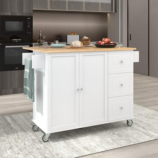 52.7 Cart with Wood Top and Drop Leaf Breakfast Bar, Rolling Mobile Island Towel Rack,Large Storage Cabinet Kitchen Table for Dinning Room, White, 52.76 Inch - LeafyLoom