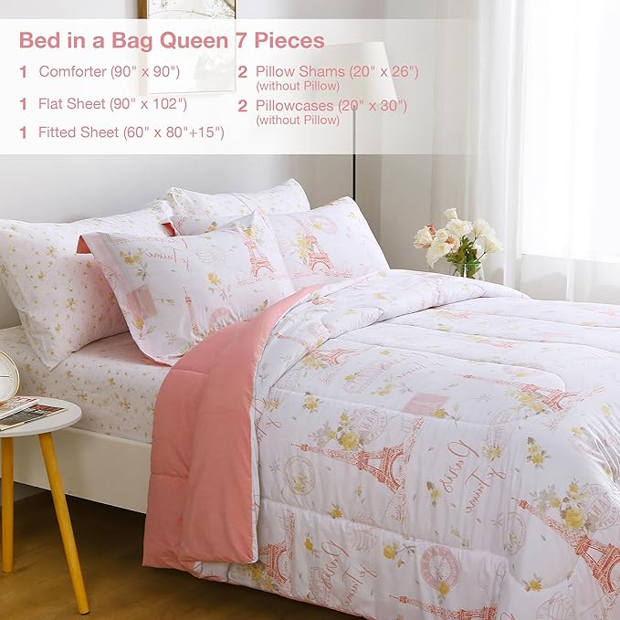 Printed Queen Bedding Sets with Comforter and Sheets, 7 Piece Bed in A Bag Comforter Set with Fluffy Microfiber, Romantic Paris City Floral Pink Retro Eiffel Tower Pattern - LeafyLoom