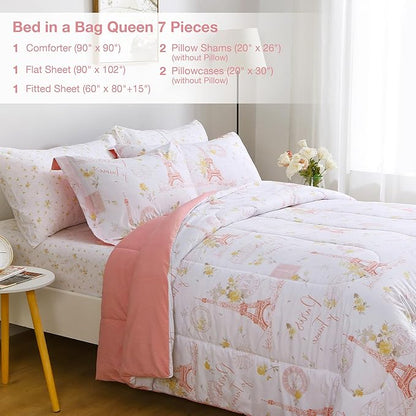 Printed Queen Bedding Sets with Comforter and Sheets, 7 Piece Bed in A Bag Comforter Set with Fluffy Microfiber, Romantic Paris City Floral Pink Retro Eiffel Tower Pattern - LeafyLoom