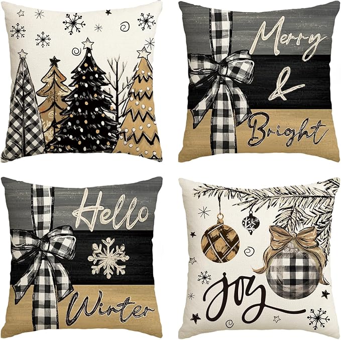 AVOIN colorlife Merry Christmas Joy Xmas Trees Brown Throw Pillow Covers, 18 x 18 Inch Christmas Winter Holiday Cushion Case Decoration for Sofa Couch Set of 4 AVOINcolorlife