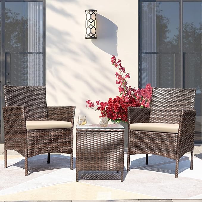 Greesum 3 Pieces Patio Furniture Sets Outdoor PE Rattan Wicker Chairs with Soft Cushion and Glass Coffee Table for Garden Backyard Porch Poolside, Brown and Beige - LeafyLoom