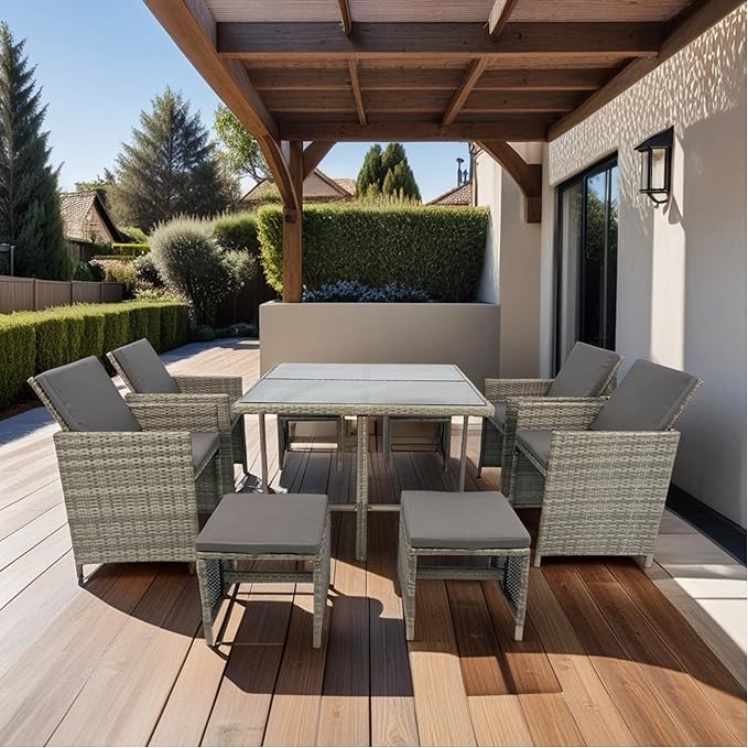 9 Pieces Patio Dining Outdoor Furniture, Space Saving Rattan Chairs with Glass Table, Cushioned Seating and Back Sectional Conversation Set, Zm-Grey - LeafyLoom