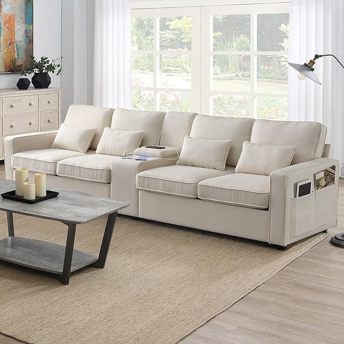 114.2" Linen Upholstered Sofa with Consoleand 2 USB Ports Wired or Wirelessly Charged,Modern 4-Seat Couches W/ 4 Pillows and Two Cupholders,for Living Room,Apartment,Beige - LeafyLoom