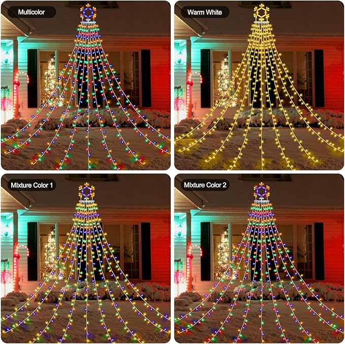 PUHONG Christmas Decorations, 320 LED Outdoor String Lights, Snowflakes Hanging Christmas Tree Topper Lights with 11 Modes for Holiday, Wedding, Party, Yard Decor (Warm White&Multicolored) PUHONG