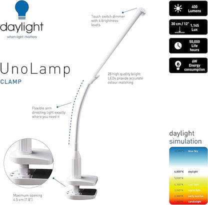 Daylight Company Unolamp Clamp Light, Touch Dimmable Desk Lamp, 4 Brightness Level, Ideal for Hobbies, Art, Beauty Salons, Reading and More, White - LeafyLoom