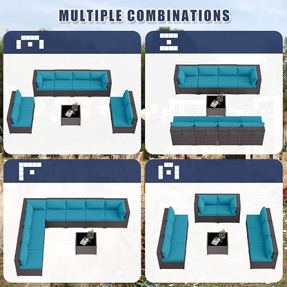 Patio Furniture Set 9-Pieces Outdoor Furniture for Backyard Wicker Sectional Sofa Set, Rattan Patio Conversation Set with Thickened Cushions and Glass Coffee Table, Turquoise - LeafyLoom