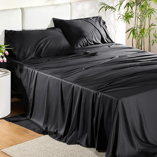 Bedsure Full Size Sheets, Cooling Sheets Full, Rayon Derived from Bamboo, Deep Pocket Up to 16", Breathable & Soft Bed Sheets, Hotel Luxury Silky Bedding Sheets & Pillowcases, Black - LeafyLoom