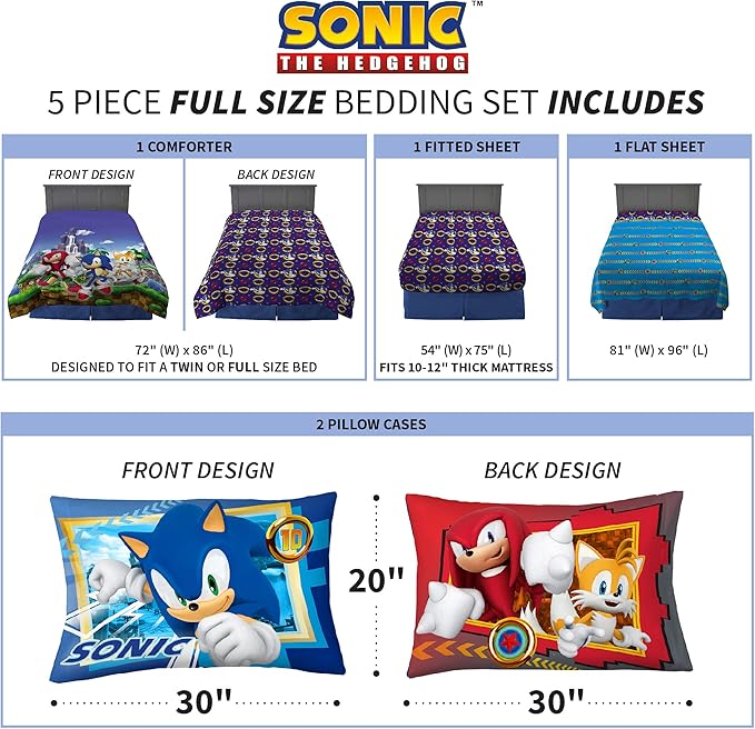 Franco Kids Bedding Super Soft Comforter and Sheet Set, 5 Piece Full Size, Sonic The Hedgehog, Anime - LeafyLoom