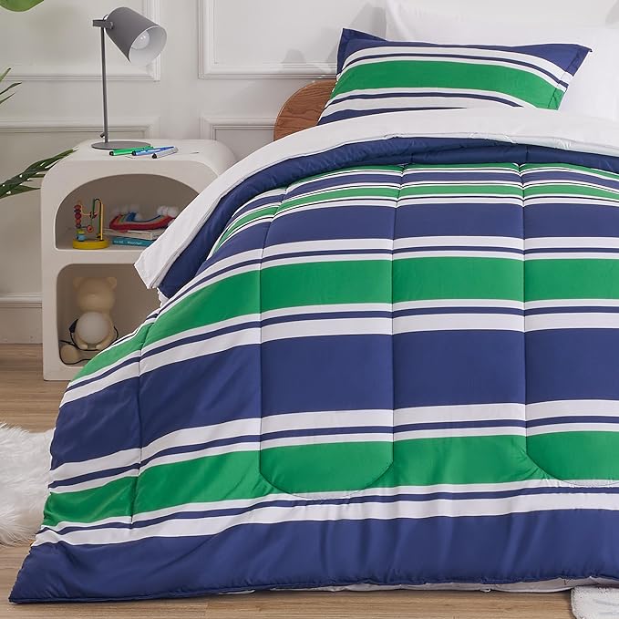 SLEEP ZONE Kids Rugby Bedding Comforter Set Full/Queen Size - Super Cute & Soft Kids Bedding 7 Pieces Set with Comforter, Sheet, Pillowcase & Sham (Rugby Stripe Navy/Green) - LeafyLoom