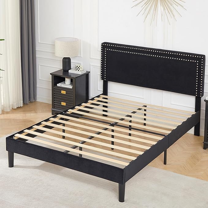 VECELO Full Size Platform Bed Frame with Adjustable Upholstered Headboard, Modern Mattress Foundation,Strong Wood Slat Support, No Box Spring Needed, Easy Assembly - LeafyLoom