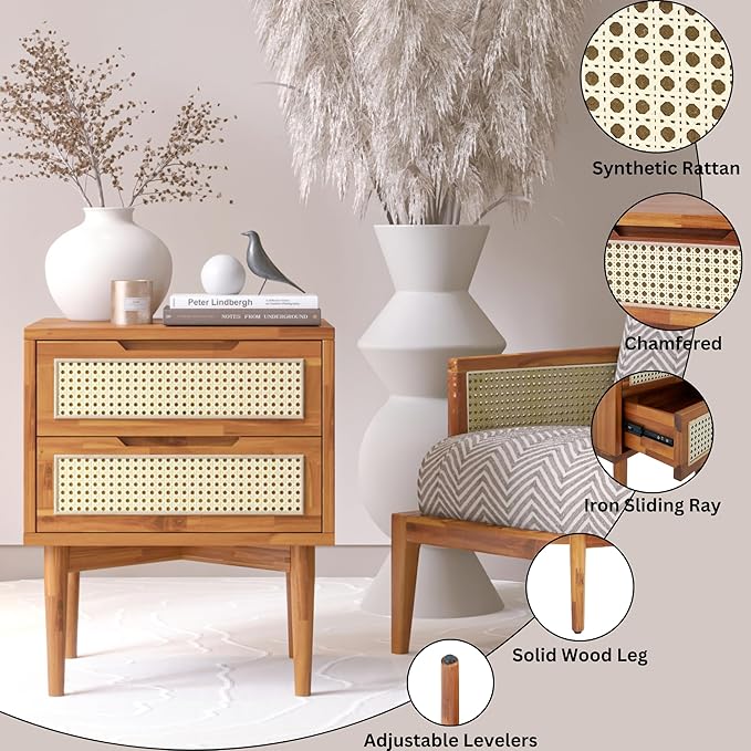 Bme Nightstand Oliver Solid Wood Rattan Side End Table, Fully Assembled, for Bohemian & Mid Century Style Bedroom and Living Room, Caramel - LeafyLoom