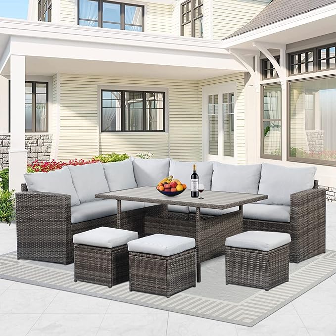 Solaste 7 Piece Patio Furniture Set, All Weather Wicker Patio Conversation Sets with Cushion Seat & Pillows, Outdoor Dining Set, Patio Furniture Outdoor Sectional, Grey - LeafyLoom