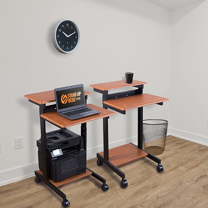 Stand Up Desk Store Rolling Adjustable Height Two Tier Standing Desk Computer Workstation (Black Frame/Teak Top, 24" Wide) - LeafyLoom