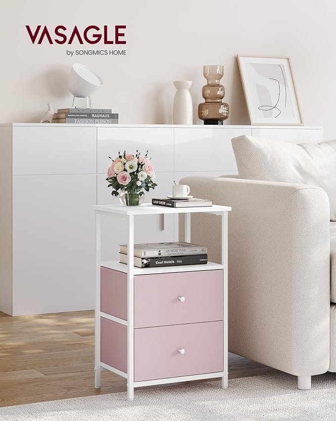 VASAGLE Nightstand, Side Table with 2 Fabric Drawers, 24-Inch Tall End Table with Storage Shelf, Bedroom, Jelly Pink and White ULGS025R05 - LeafyLoom