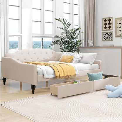 Full Size Upholstered Tufted Daybed with Two Storage Drawers,Linen Sofa Bed,Easy Assemble & No Box Spring Needed,Perfect for Small Space,Bedroom,Livingroom,Guest Room, Beige - LeafyLoom