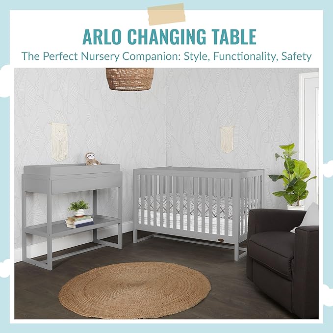 Arlo Changing Table in Pebble Grey, Made of Solid New Zealand Pinewood, Non-Toxic Finish, Comes with Water Resistant Mattress Pad & Safety Strap - LeafyLoom