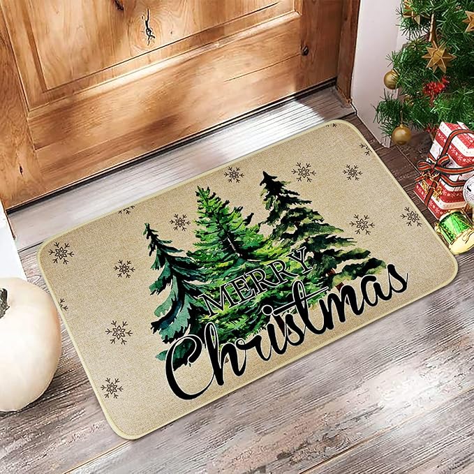 Merry Christmas Door Mat ,Pine Trees Snowflakes Welcome Doormat for Front Door,Non-Slip Winter Xmas Holiday Front Porch Rugs, Indoor Outdoor Entry Doormats Low-Profile Floor Mats,29 x 17 Inch Vanleonet