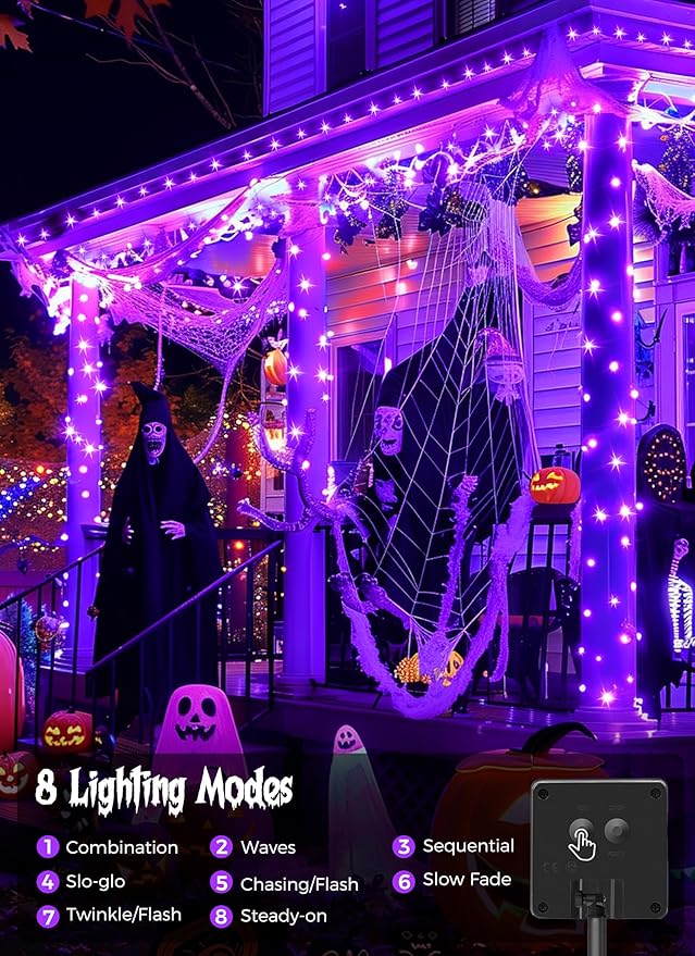 Minetom 2 Pack Solar Halloween Lights Outdoor, Total 80FT 200 LED Halloween String Lights with 8 Modes, Halloween Decoration Outdoor, Waterproof Solar String Lights for Outside Tree Yard Party, Purple Minetom