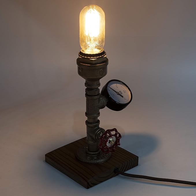 Steampunk Lamp with Dimmer, Dimmable Loft Style Industrial Vintage Antique Style Light with Bulb, Wood Base with Iron Piping Desk Lamp, Retro Desk Lamp LL-025 - LeafyLoom