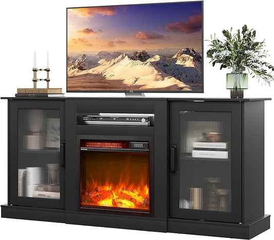 WLIVE Fireplace TV Stand for 60 65 inch TV, Modern Entertainment Center with Electric Fireplace Heater for Living Room, Tall TV Console Table with Storage, Black - LeafyLoom