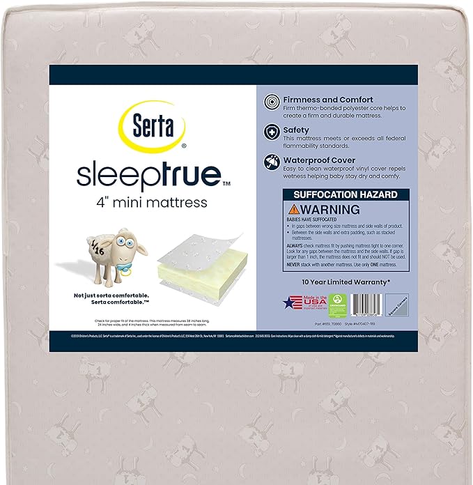 Delta Children Emery Mini Convertible Baby Crib with 2.75-inch Mattress, Bianca White & Serta SleepTrue Mini Crib Mattress, Premium Sustainably Sourced Fiber Core - LeafyLoom