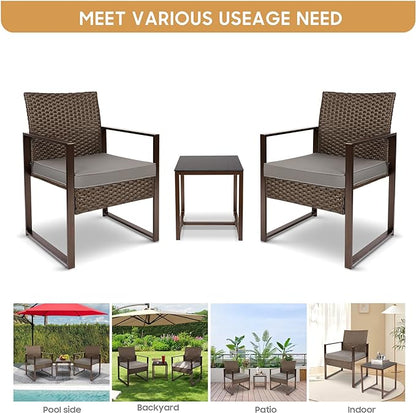 YIYAN 3 Pieces Outdoor Furniture Set Patio Rattan Wicker Chairs & teatable,Lawn Garden Balcony Backyard,with Washable Cushion (Gray) - LeafyLoom