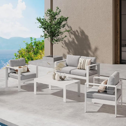 Wisteria Lane Outdoor Patio Furniture Set, 4 Pieces Aluminum Sectional Sofa, Metal Patio Conversation Set with Loveseat, 5 Inch Light Grey Cushion and Coffee Table (White & Light Grey) - LeafyLoom