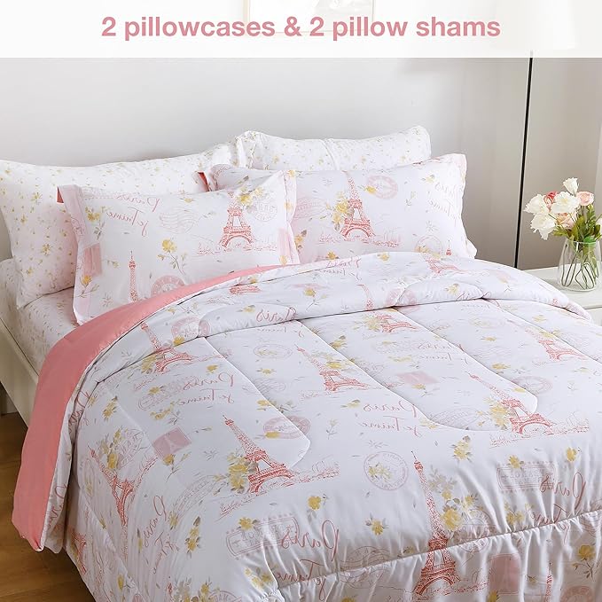 Printed Queen Bedding Sets with Comforter and Sheets, 7 Piece Bed in A Bag Comforter Set with Fluffy Microfiber, Romantic Paris City Floral Pink Retro Eiffel Tower Pattern - LeafyLoom