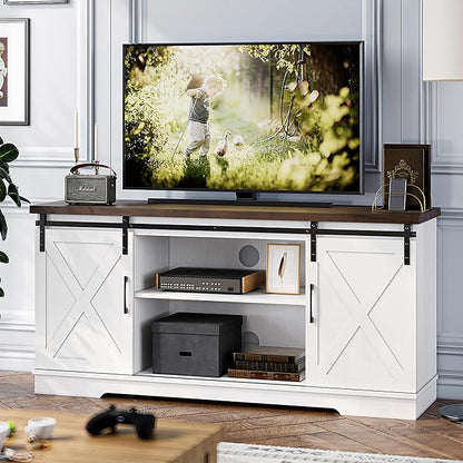 IDEALHOUSE Farmhouse TV Stand, Entertainment Center for 65 Inch TV Media Console Cabinet, White Barn Doors TV Stand with Storage and Shelves, Modern TV Console Table Furniture for Livingroom - LeafyLoom