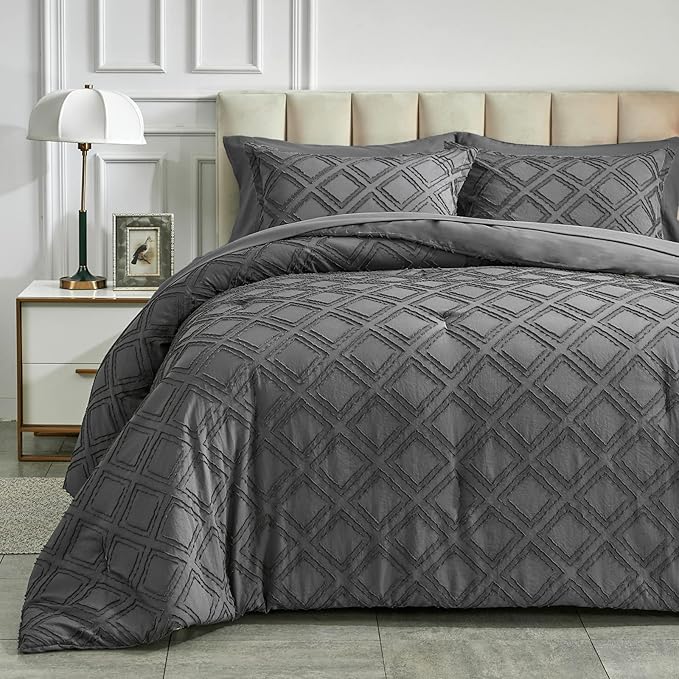 7 Pieces Tufted Bed in a Bag King Comforter Set with Sheets Dark Grey, Soft and Embroidery Shabby Chic Boho Bohemian, Luxury Solid Color with Diamond Pattern, Jacquard Tufts Bedding Set for All Season - LeafyLoom