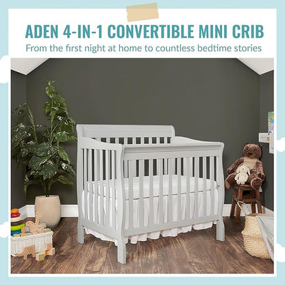 Aden 4-in-1 Convertible Mini Crib In Grey, Greenguard Gold Certified, Non-Toxic Finish, New Zealand Pinewood, With 3 Mattress Height Settings - LeafyLoom