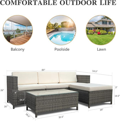 5 Piece Outdoor Patio Sectional Furniture Set, Weather Resistant Rattan Outside Couch, Waterproof Conversation Sofa for Balcony, Porch, Backyard, Deck, Garden,Beige - LeafyLoom