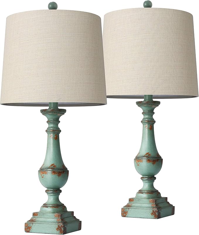 PORTRES 24.5" Rustic Table Lamp Set of 2 for Living Room Farmhouse Bedside Nightstand Lamps for Bedroom Kids Room Study Room Office Rustic Table Lamps Resin Green - LeafyLoom