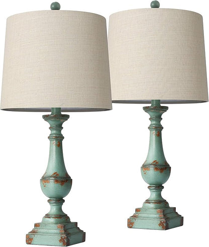 PORTRES 24.5" Rustic Table Lamp Set of 2 for Living Room Farmhouse Bedside Nightstand Lamps for Bedroom Kids Room Study Room Office Rustic Table Lamps Resin Green - LeafyLoom