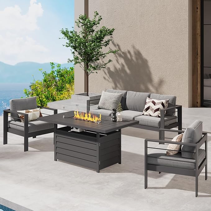 Wisteria Lane Aluminum Patio Furniture Set, 4 Pcs Metal Outdoor Furniture Set with CSA Certified 54in Propane Gas Fire Pit Table, Patio Conversation Set with 5in Olefin Cover Cushions, Dark Grey - LeafyLoom