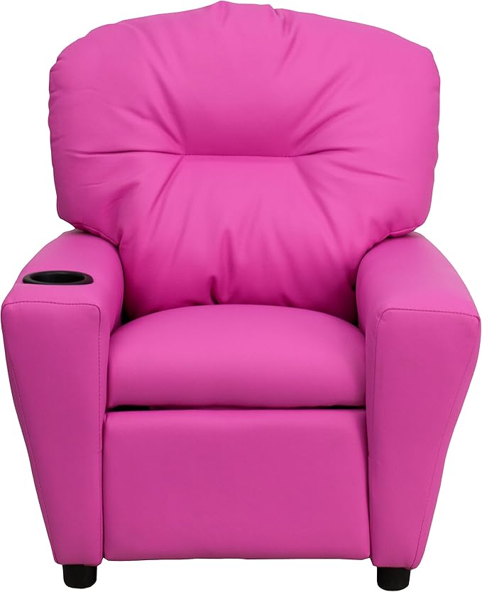 Flash Furniture Chandler Vinyl Kids Recliner with Cup Holder and Safety Recline, Contemporary Reclining Chair for Kids, Supports up to 90 lbs., Hot Pink - LeafyLoom