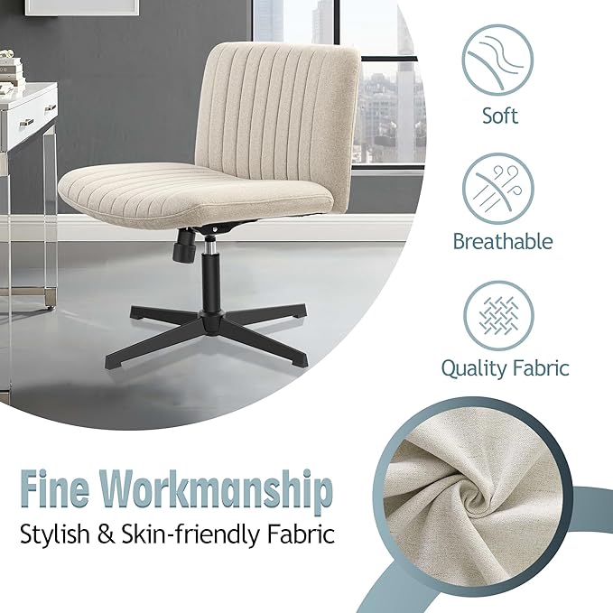 Armless Office Chair no Wheels, Ergonomic Wide Seat Swivel Desk Chair, Height Adjustable Cross Legged Comfortable Computer Chair for Living Room, Vanity Accent Chair Beige - LeafyLoom