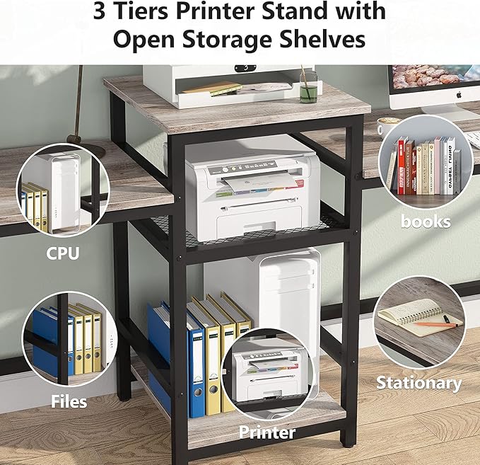 Tribesigns Extra Long Two Person Desk with Storage Shelves, 96.9 inch Double Computer Desks with Printer Shelf for 2 People, Rustic Writing Desk Workstation for Home Office - LeafyLoom