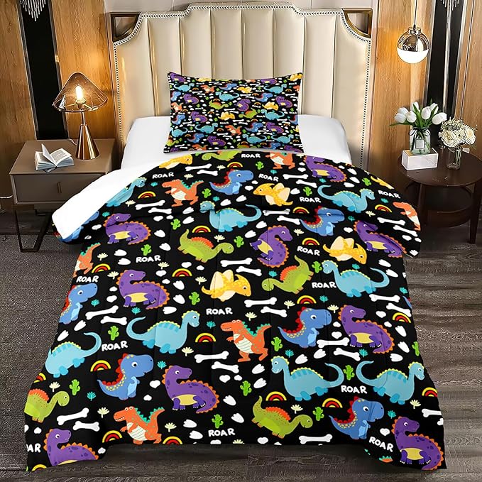 Dinosaur Comforter Set Twin - Cartoon Dinosaur Twin Bedding Set for Boys Kids Twin Size Comforter Set for Boys Soft Breathable Dino Quilt Kids Bedding Set, 1 Comforter 1 Pillowcase - LeafyLoom