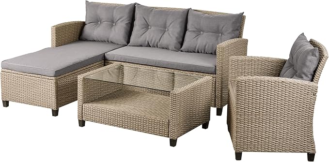 4 Piece Outdoor Patio Furniture Set, Sectional Conversation All-Weather Grey PE Wicker w/Seat Cushions for Backyard Porch Garden Poolside Balcony, Onesize, Ob-Gray - LeafyLoom