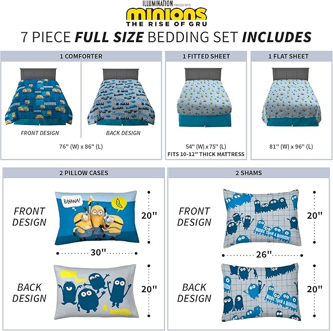 Franco Kids Bedding Super Soft Comforter and Sheet Set with Sham, 7 Piece Full Size, Minions The Rise Of Gru - LeafyLoom