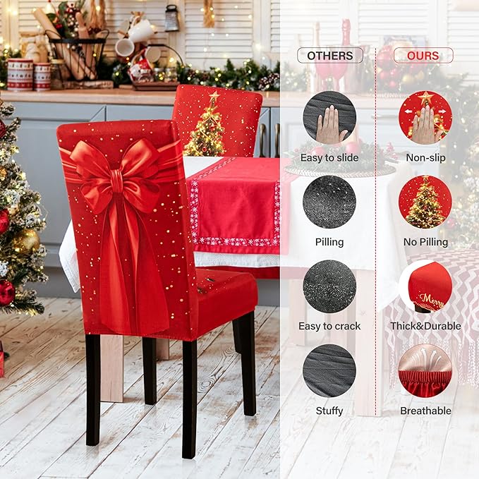 4PCS Christmas Dining Chair Covers Stretch Removable Washable Dining Room Chair Protector Slipcover 3D Print Xmas Tree Bow Tie Kitchen Chair Cover Slipcovers for Xmas Holiday Party Home Décor CZL