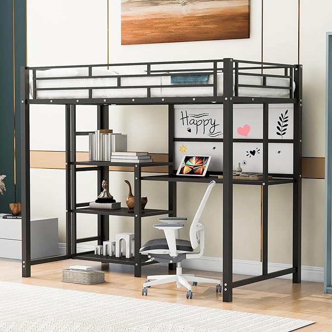 RITSU Twin Size Loft Bed, Heavy Duty Metal Bedframe with Desk and Whiteboard, 3 Big Shelves The Storage Space, Sturdy Construction, for Children's Room, Teens, Black - LeafyLoom