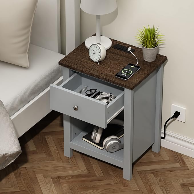 ChooChoo Nightstand with Charging Station, Wooden Top Bedside Table with Drawer and Storage Space for Bedroom, Grey - LeafyLoom