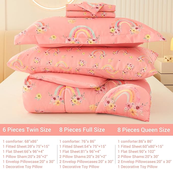 Mooreeke Full Size Comforter Sets for Girls Kids, 8 Pieces Bed in a Bag Pink Rainbow Flowers Bedding Comforter Sheet Set with Shams and Decorative Toy Pillow, Ultral Soft Microfiber Kids Bed Set - LeafyLoom