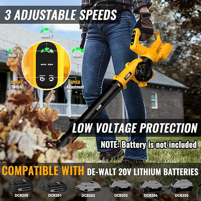 Leaf Blower, Cordless Leaf Blower for De-Walt 20V Battery, 3 Speed Modes Up to 200MPH, 270° Rotatable Electric Leaf Blower with 4 Blowing Nozzles for Lawn Care and Yard(Battery Not Included) - LeafyLoom