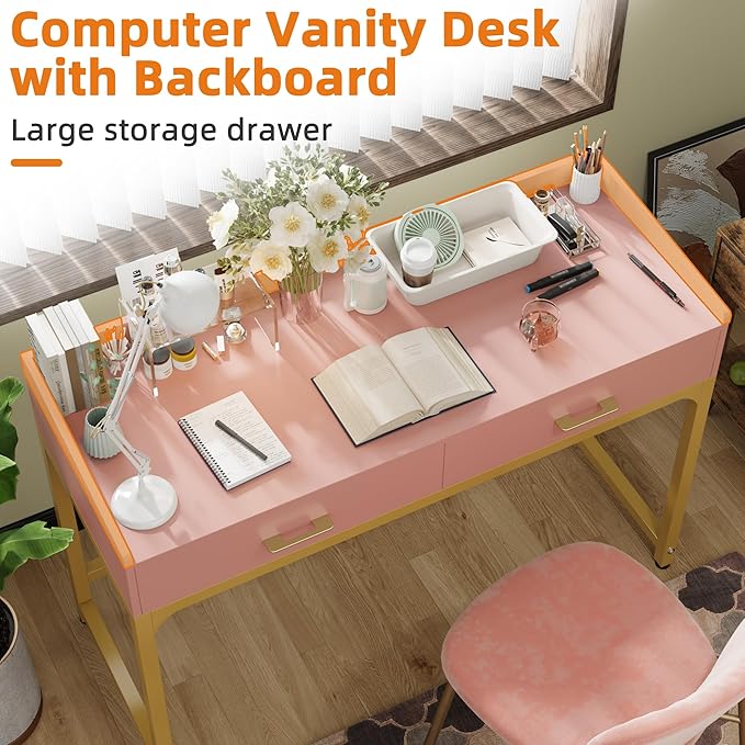 WESTREE Computer Gaming Desk Office - Study Writing Desk with Drawer for Teen, Bedroom Makeup Desk Home Office with Storage Shelf, Height Monitor Stand, Pink - LeafyLoom